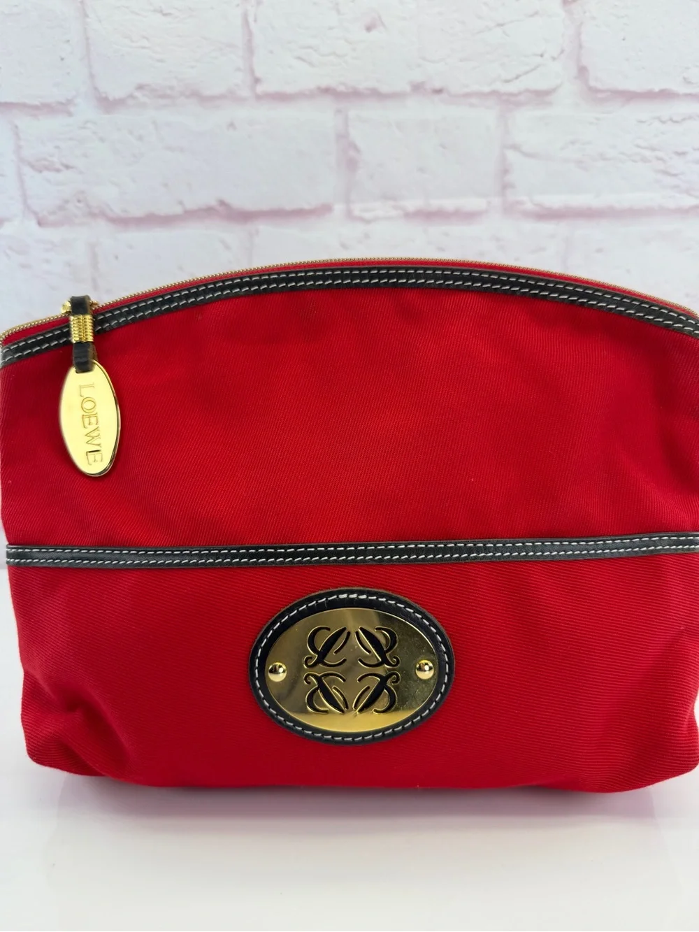 Loewe Red Cosmetic Pouch with Gold Emblem